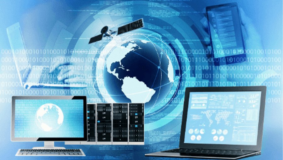 Servers, laptops and mobile devices connected around a digital globe