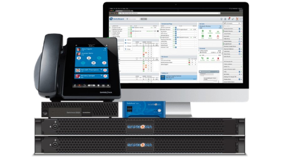 Sangoma VoIP desk phone and Switchvox appliances beside a call management dashboard